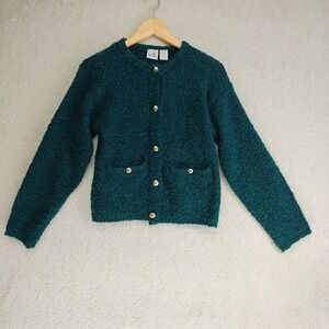 Nomi Jana Cardigan Womens S Boucle Teal Green Gold Button Pocket Cozy Knitted